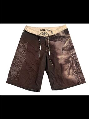Y2K Affliction Skull Charm Skull & Raven Board Shorts Tribal Graphic Size 34